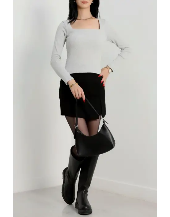 Çerçeve yaka kaşkorse bluz gri