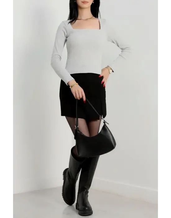 Çerçeve yaka kaşkorse bluz gri