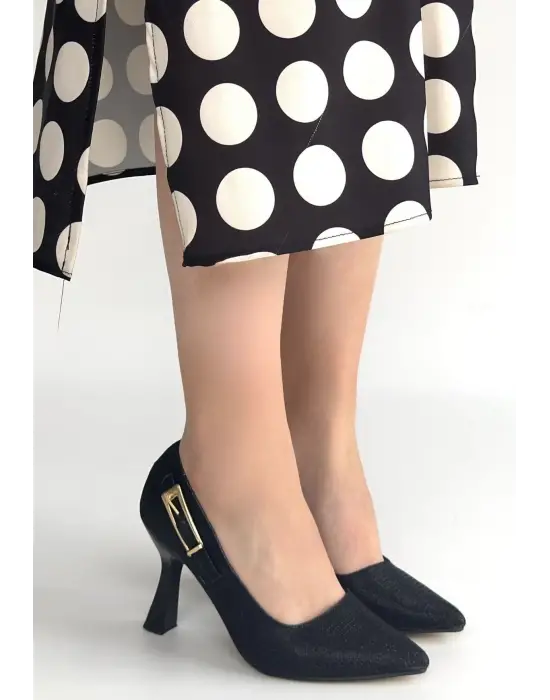 Cerin Siyah Saten Simli Topuklu Ayakkabı