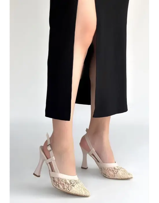 Ceta Bej Cilt Tül Detaylı Topuklu Ayakkabı