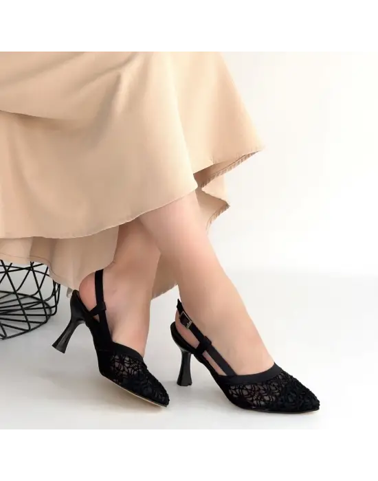 Ceta Siyah Cilt Tül Detaylı Topuklu Ayakkabı