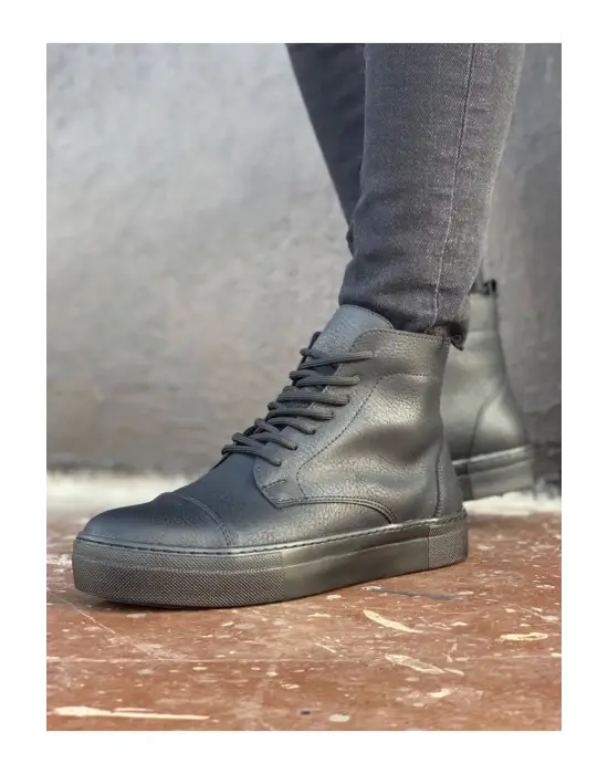 Omarı Siyah Deri Yüksek Tabanlı Erkek Bot