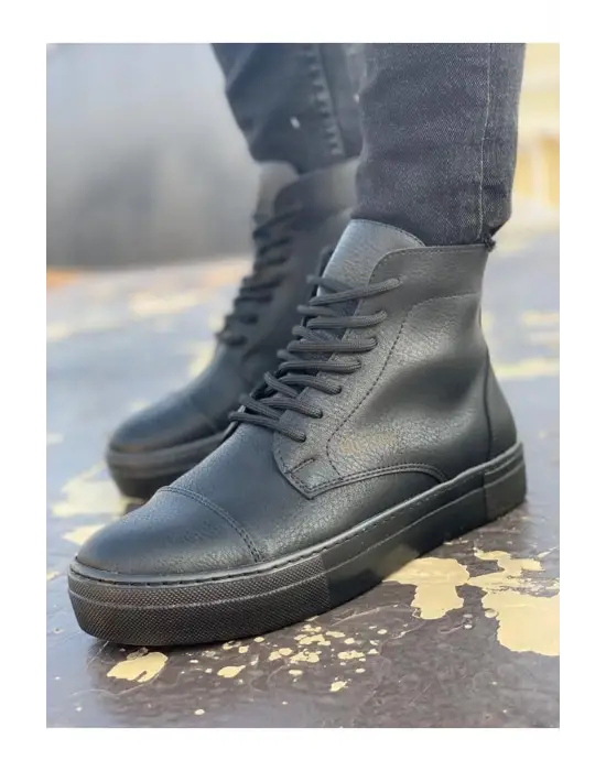 Omarı Siyah Deri Yüksek Tabanlı Erkek Bot