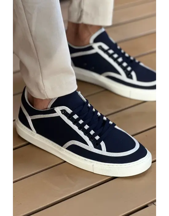Omarı Şık Lacivert ve Beyaz Renkli Keten Erkek Ayakkabı
