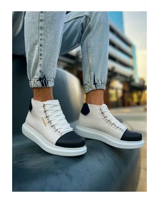 Omarı Renkli Erkek Bot Beyaz/Siyah - Trendy ve Şık Tasarım