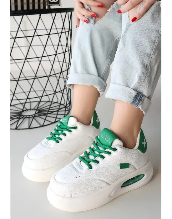 Chris Beyaz Cilt Yeşil Detaylı Bağcıklı Spor Ayakkabı