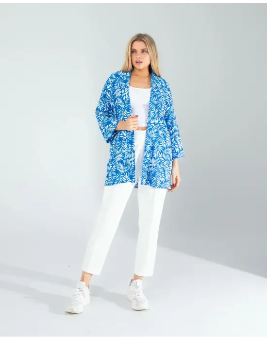 Omarı Etkileyici Çiçek Desenli Mavi Kimono Modası