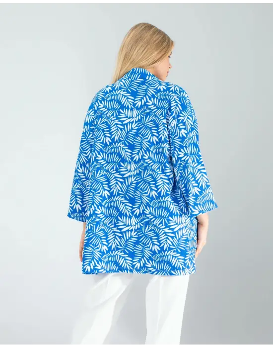 Omarı Etkileyici Çiçek Desenli Mavi Kimono Modası