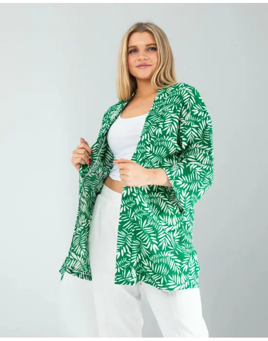 Omarı Etkileyici Yeşil Çiçek Desen Kimono