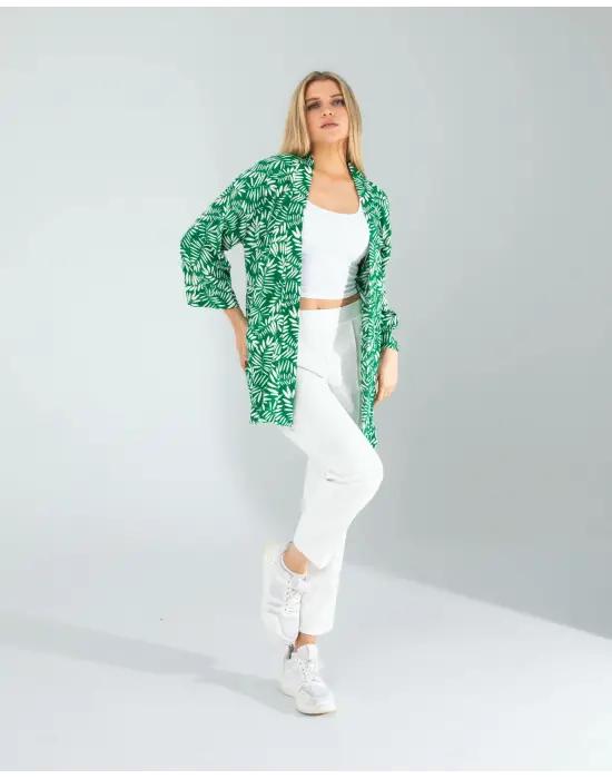 Omarı Etkileyici Yeşil Çiçek Desen Kimono