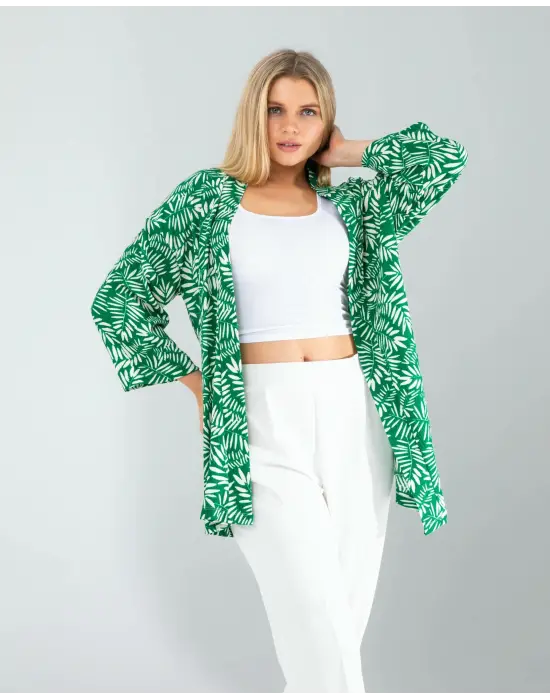 Omarı Etkileyici Yeşil Çiçek Desen Kimono