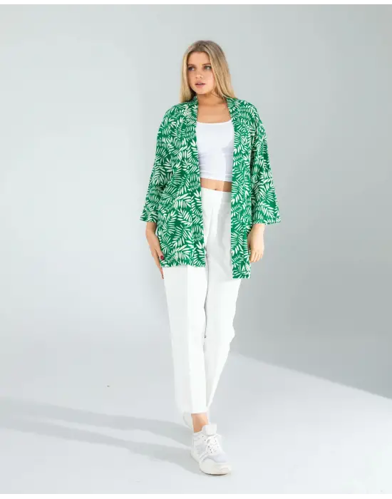 Omarı Etkileyici Yeşil Çiçek Desen Kimono