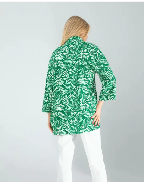 Omarı Etkileyici Yeşil Çiçek Desen Kimono