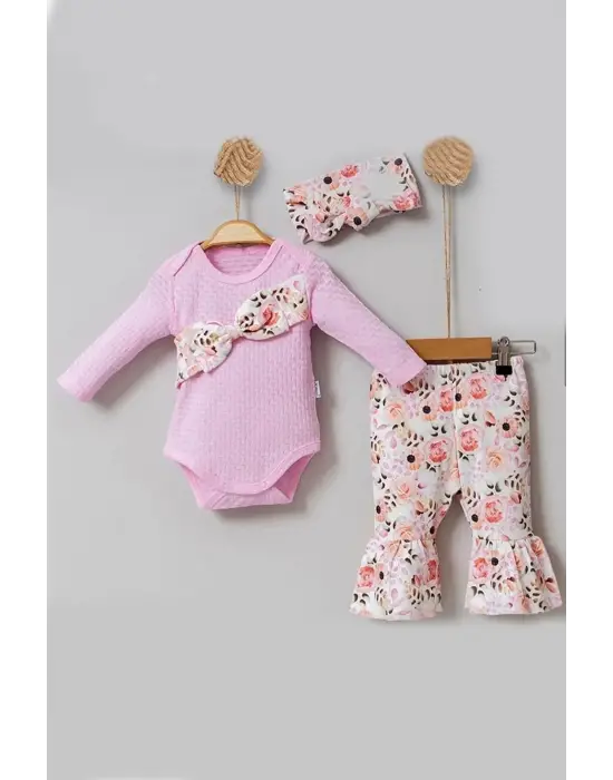 Çiçek Desenli Fiyonklu 3lü Kız Bebek Takım