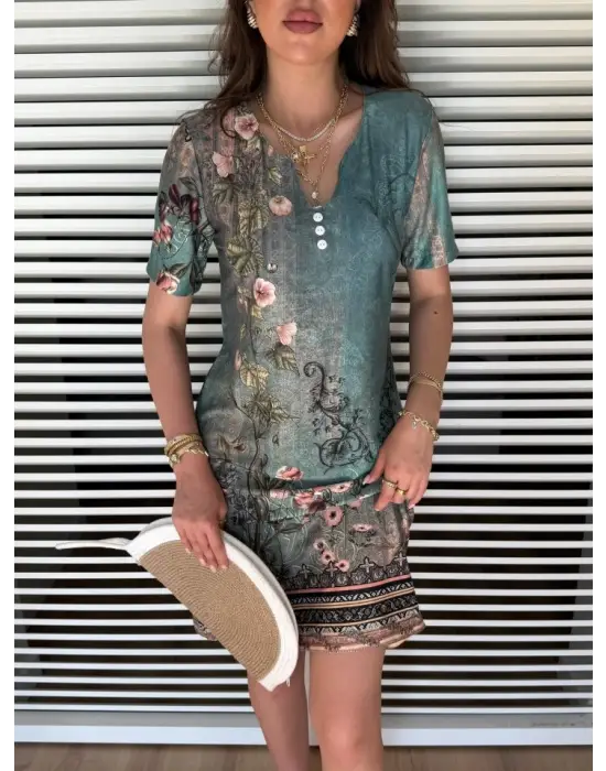 Omarı Trendy V Yaka Çiçek Desenli Midi Elbise