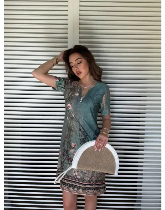 Omarı Trendy V Yaka Çiçek Desenli Midi Elbise