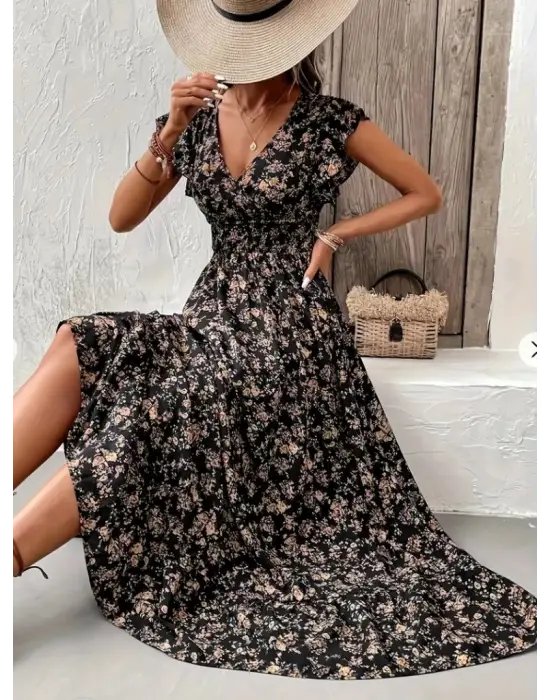 Omarı Çiçek Desenli Kruvaze Yaka Elbise