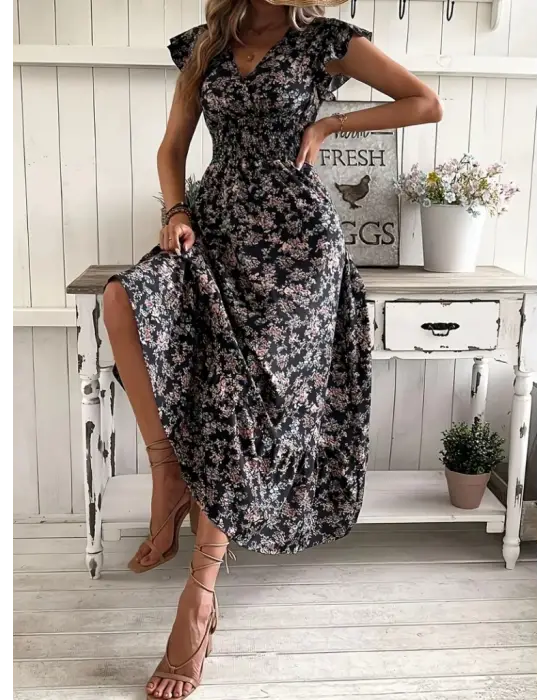 Omarı Çiçek Desenli Kruvaze Yaka Elbise