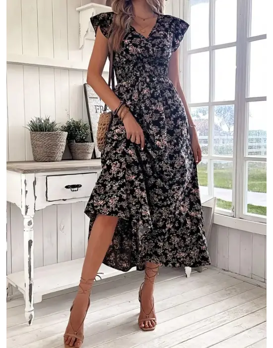 Omarı Çiçek Desenli Kruvaze Yaka Elbise