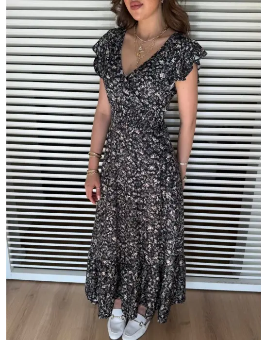 Omarı Şık Çiçek Desenli Kısa Kollu Elbise