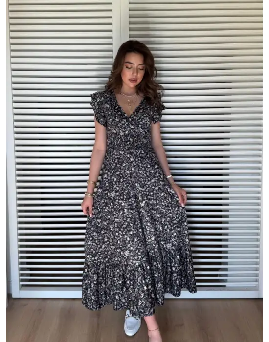 Omarı Şık Çiçek Desenli Kısa Kollu Elbise