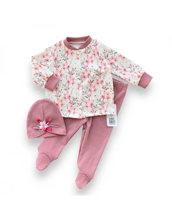 Omarı Çiçek Baskılı Kız Bebek Takımı Gül Kurusu