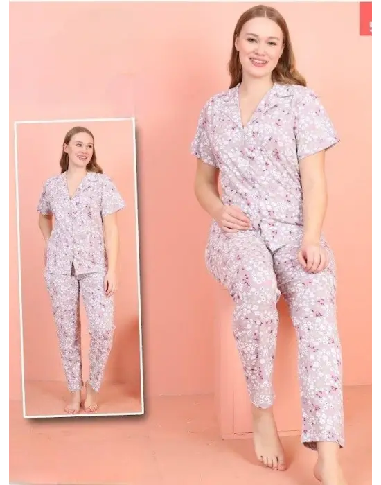 Omarı Rahat ve Şık Düğmeli Pijama Takımı - Açık Lila