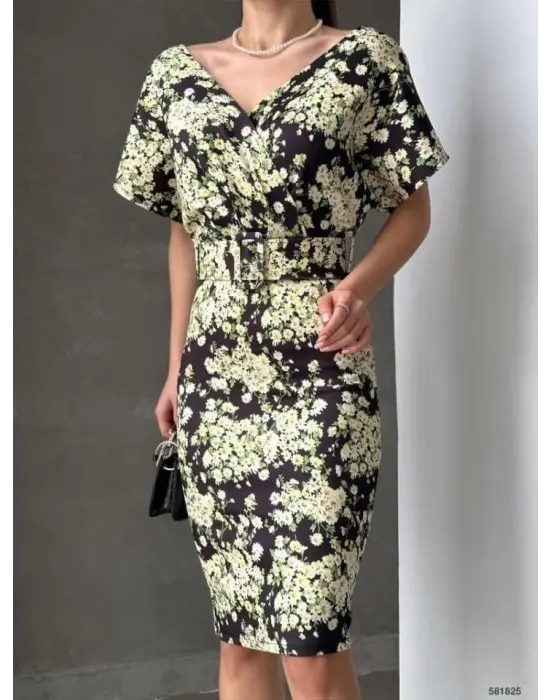 Omarı Çiçek Desenli V Yaka Kalem Elbise