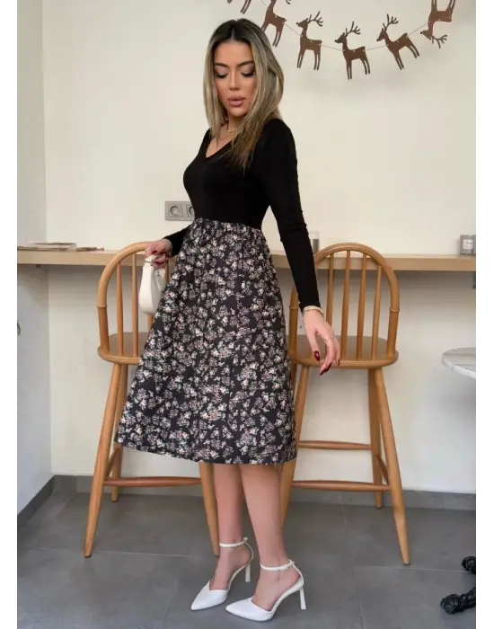 Omarı Çiçek Desenli V Yaka Uzun Kollu Kadın Elbise