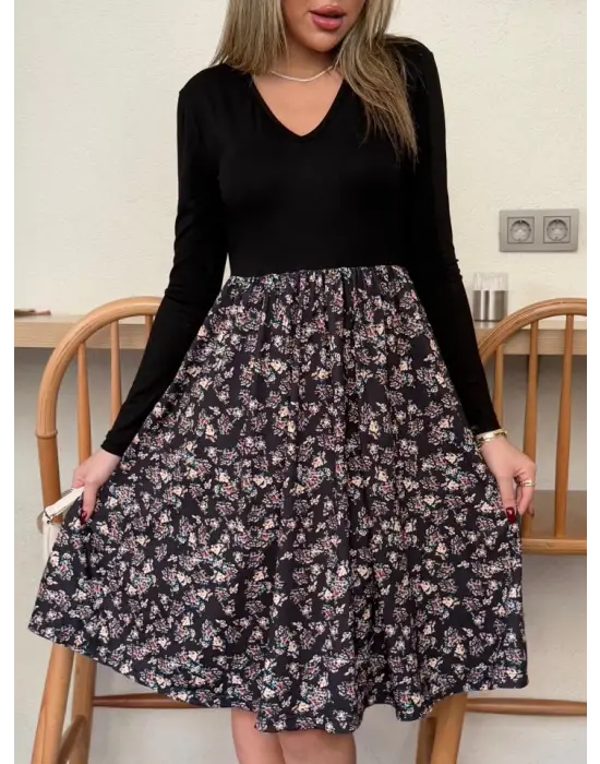 Omarı Çiçek Desenli V Yaka Uzun Kollu Kadın Elbise