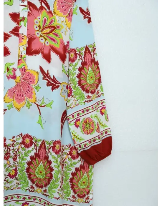 Kiremit Çiçek Desenli Yarım Düğmeli Tunik Kadın Giyim