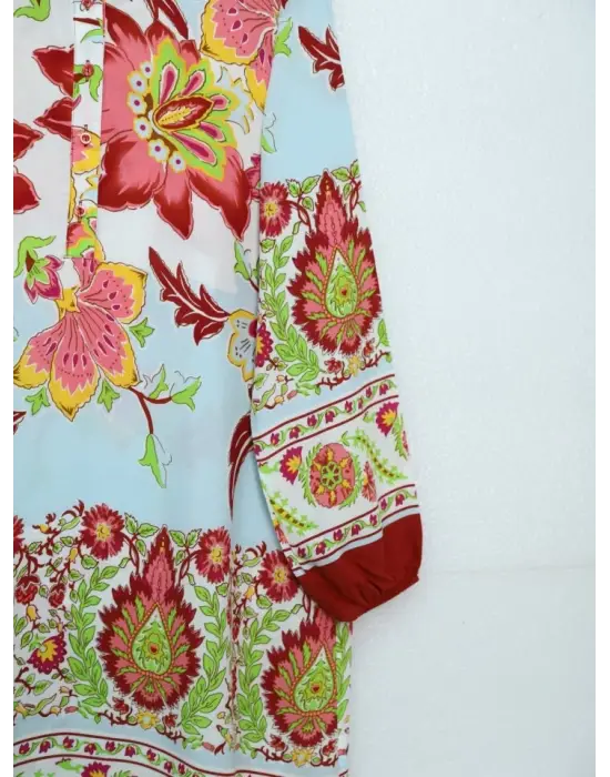 Omarı Çiçek Desenli Viskon Tunik - Kiremit Rengi