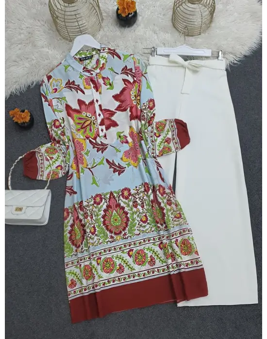 Çiçek Desenli Yarım Düğmeli Pamuk Viskon Tunik -Kiremit