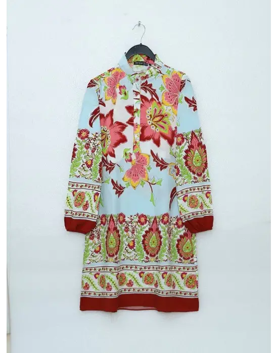 Omarı Çiçek Desenli Viskon Tunik - Kiremit Rengi