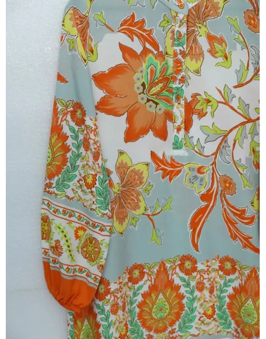 Çiçek Desenli Yarım Düğmeli Pamuk Viskon Tunik -Turuncu