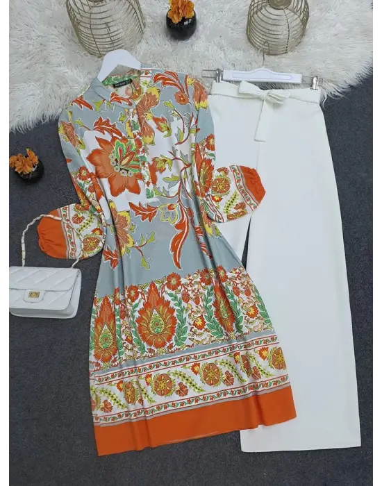 Omarı Trendy Çiçek Desenli Pamuk Viskon Tunik - Renkli