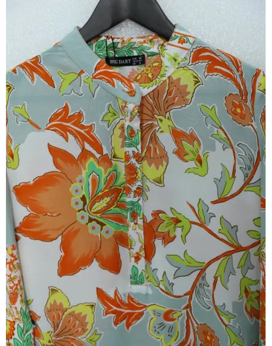 Çiçek Desenli Yarım Düğmeli Pamuk Viskon Tunik -Turuncu