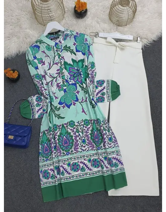 Çiçek Desenli Yarım Düğmeli Pamuk Viskon Tunik -Yeşil