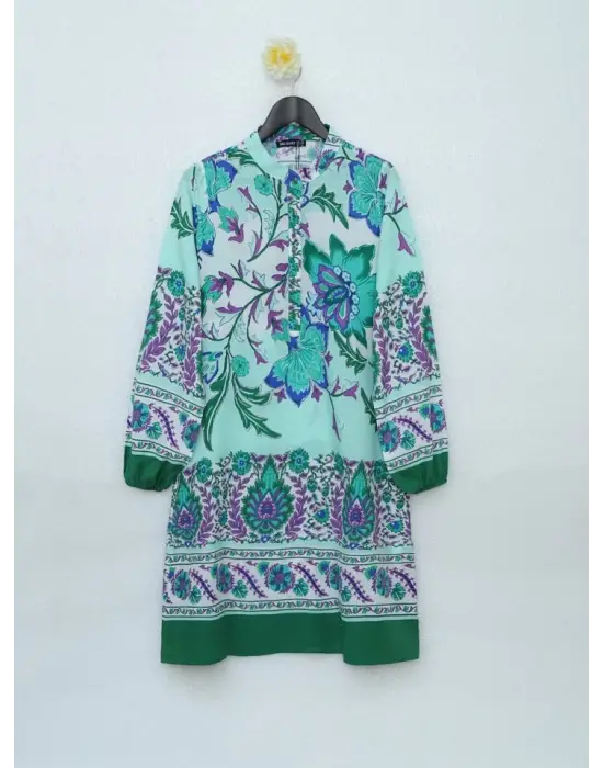 Omarı Zarif Çiçek Desenli Tunik - Yeşil