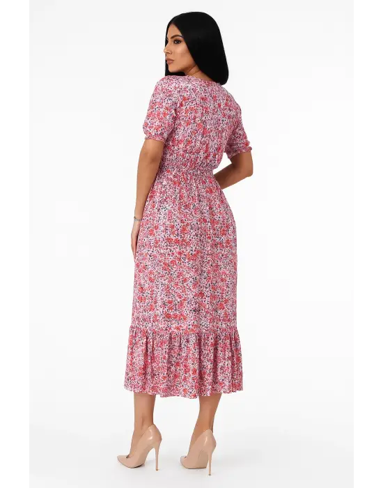 Çiçek Desenli Yırtmaçlı Elbise