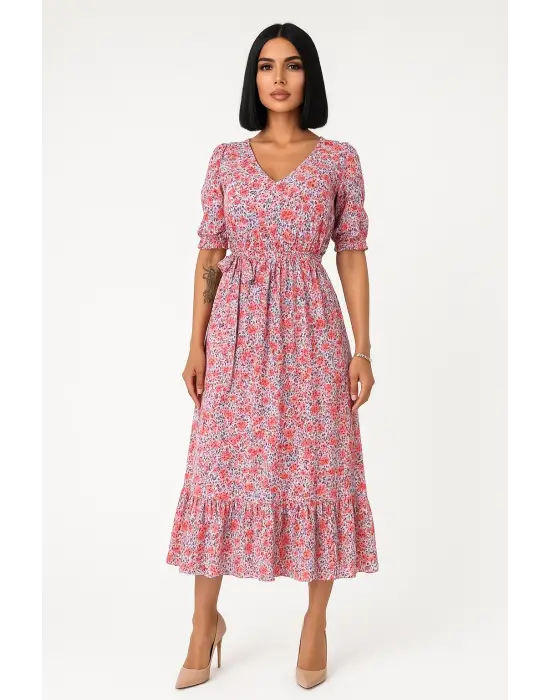 Çiçek Desenli Yırtmaçlı Elbise