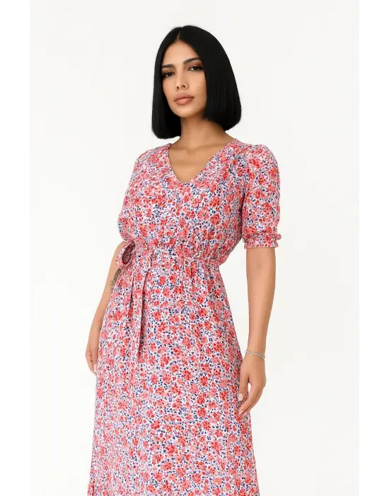 Çiçek Desenli  Yırtmaçlı Elbise - PEMBE