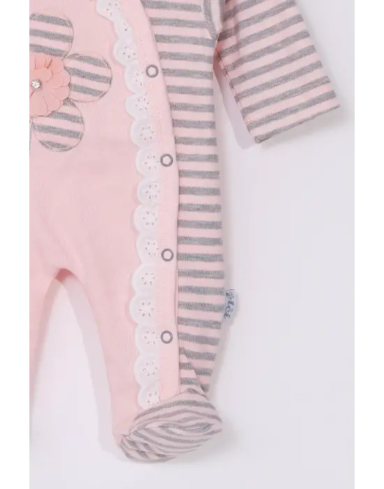 Çiçek Nakışlı % 100 Pamuk Ayaklı Kız Bebek Tulumu