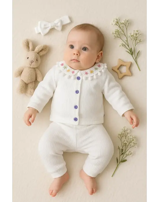 Çiçek Nakışlı Düşmeli Bandanalı Kız Bebek Takımı