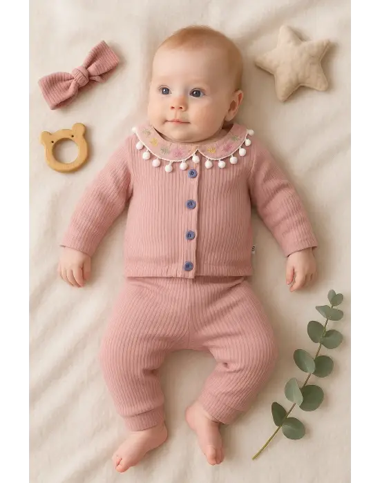 Çiçek Nakışlı Düşmeli Bandanalı Kız Bebek Takımı