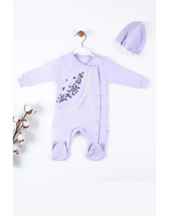 Çiçek Nakışlı Şapkalı % 100 Pamuk Kız Bebek Tulumu