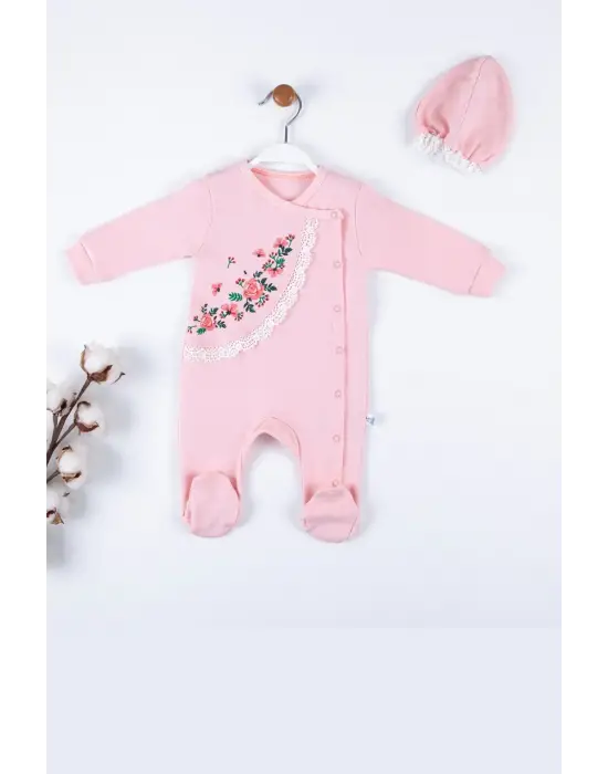 Çiçek Nakışlı Şapkalı % 100 Pamuk Kız Bebek Tulumu