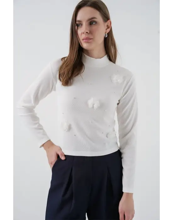 Çiçekli Örme Bluz 978 - Beyaz