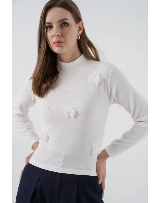 Çiçekli Örme Bluz 978 - Beyaz