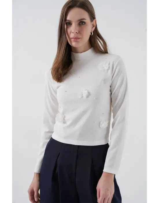 Çiçekli Örme Bluz 978 - Beyaz